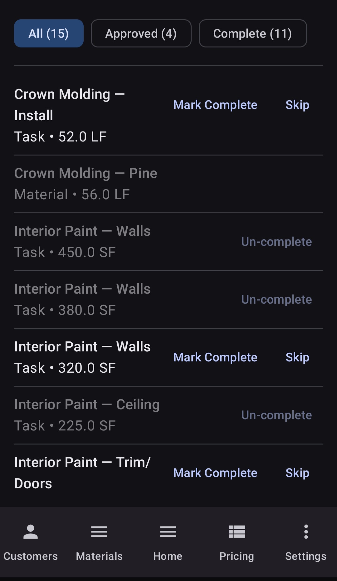 BuiltWright approved work dashboard showing tasks and materials with completion status filters and Mark Complete or Skip actions per line item