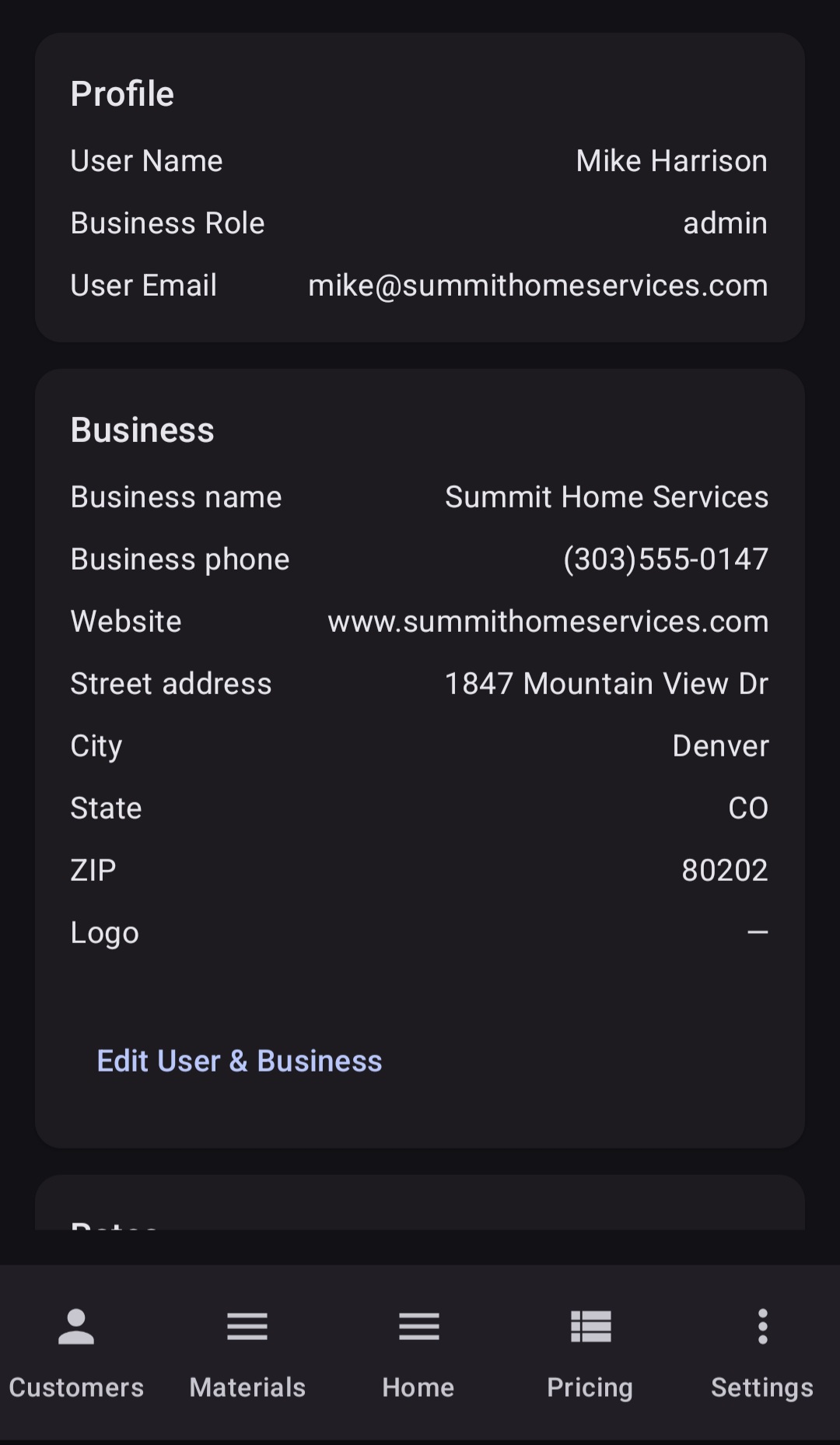 BuiltWright settings showing user profile and business information including business name, phone, website, address, and logo upload for Summit Home Services