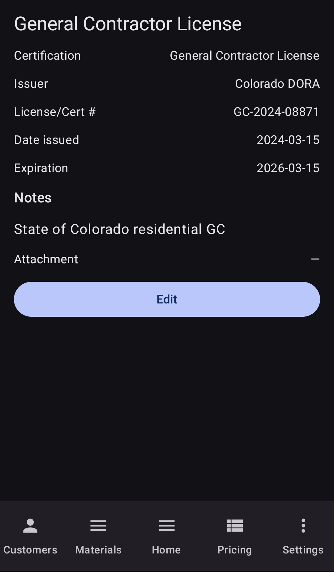 BuiltWright certification detail showing General Contractor License issued by Colorado DORA with license number, issue and expiration dates, and document attachment