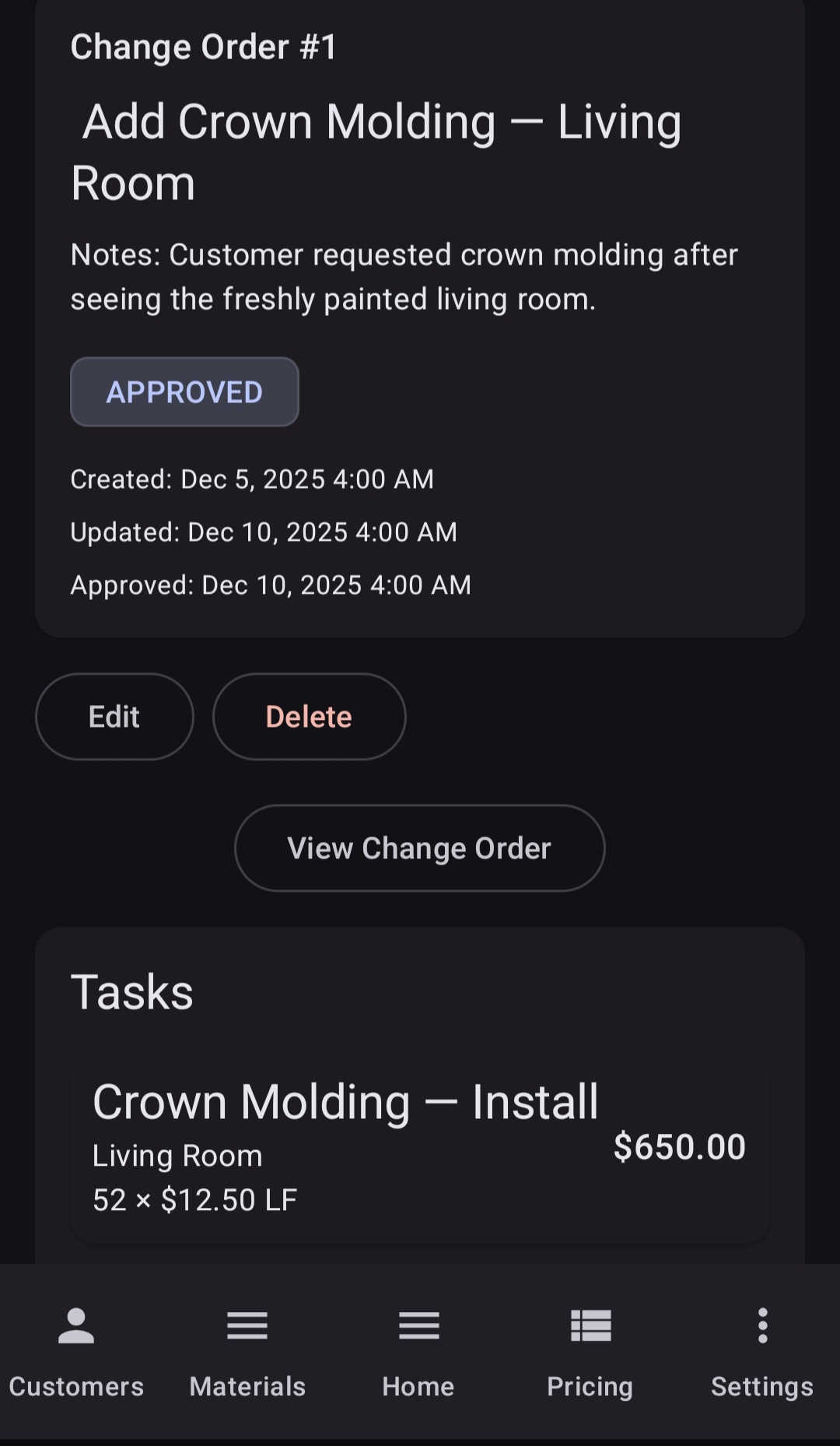 BuiltWright change order screen showing Crown Molding addition with summary breakdown of labor, materials, tax, markup, and total