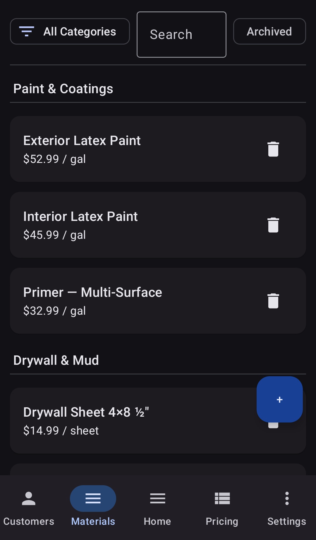 BuiltWright materials catalog organized by category showing paint and drywall products with per-unit pricing and search filtering