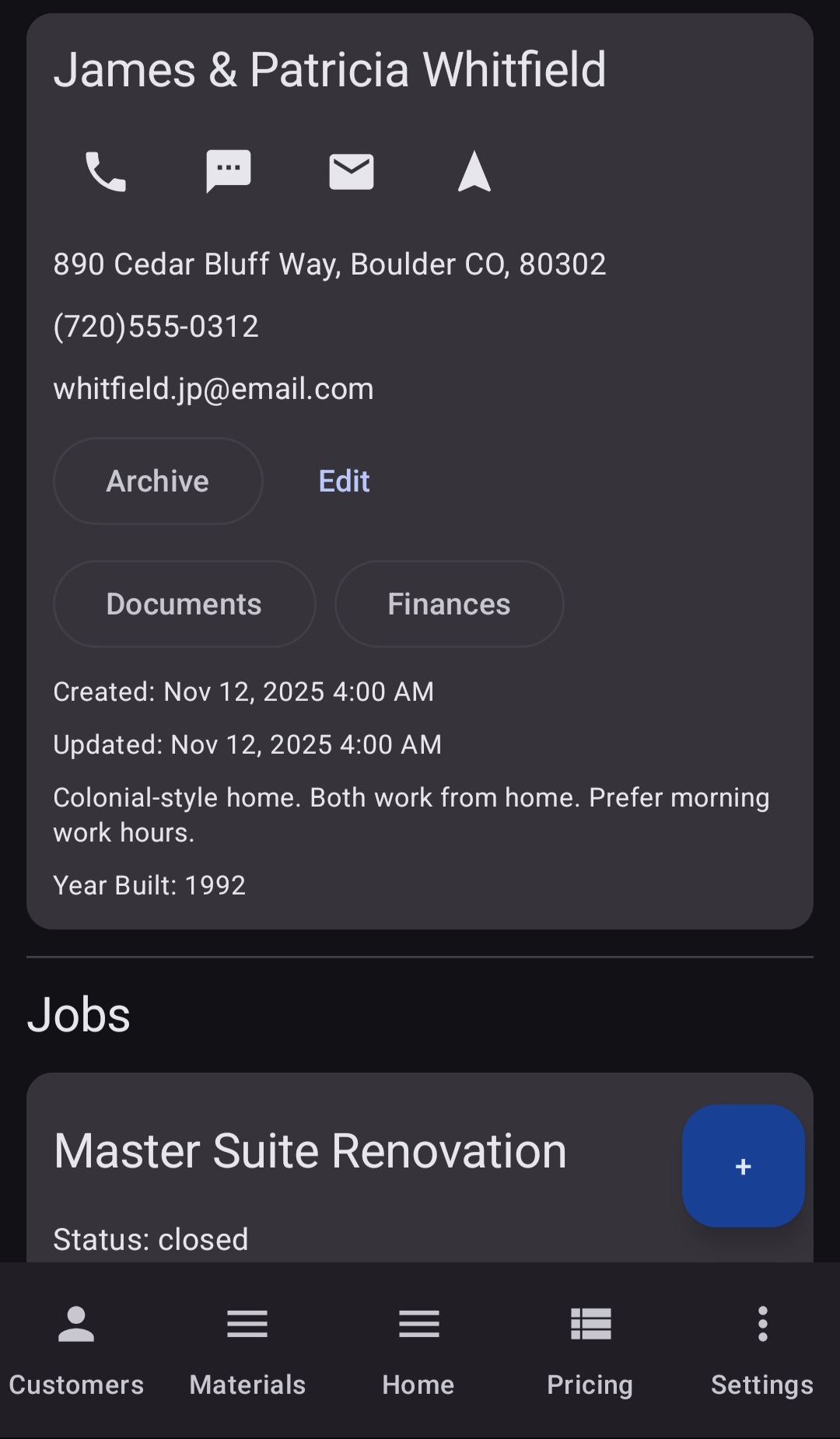 BuiltWright customer profile showing contact details, property notes, document and finance buttons, and linked jobs with status