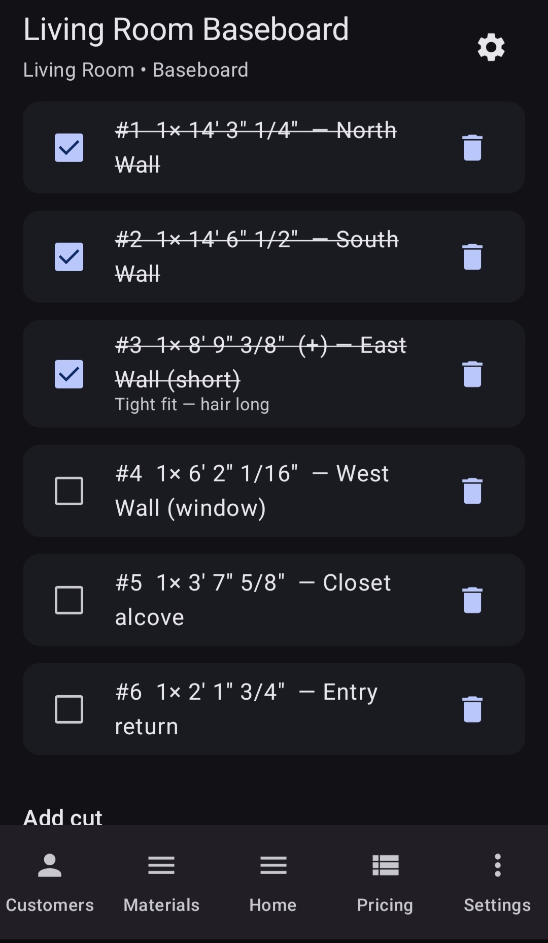BuiltWright CutWright cut list for living room baseboard showing numbered pieces with fractional measurements, wall labels, hair adjustment notes, and completion checkboxes