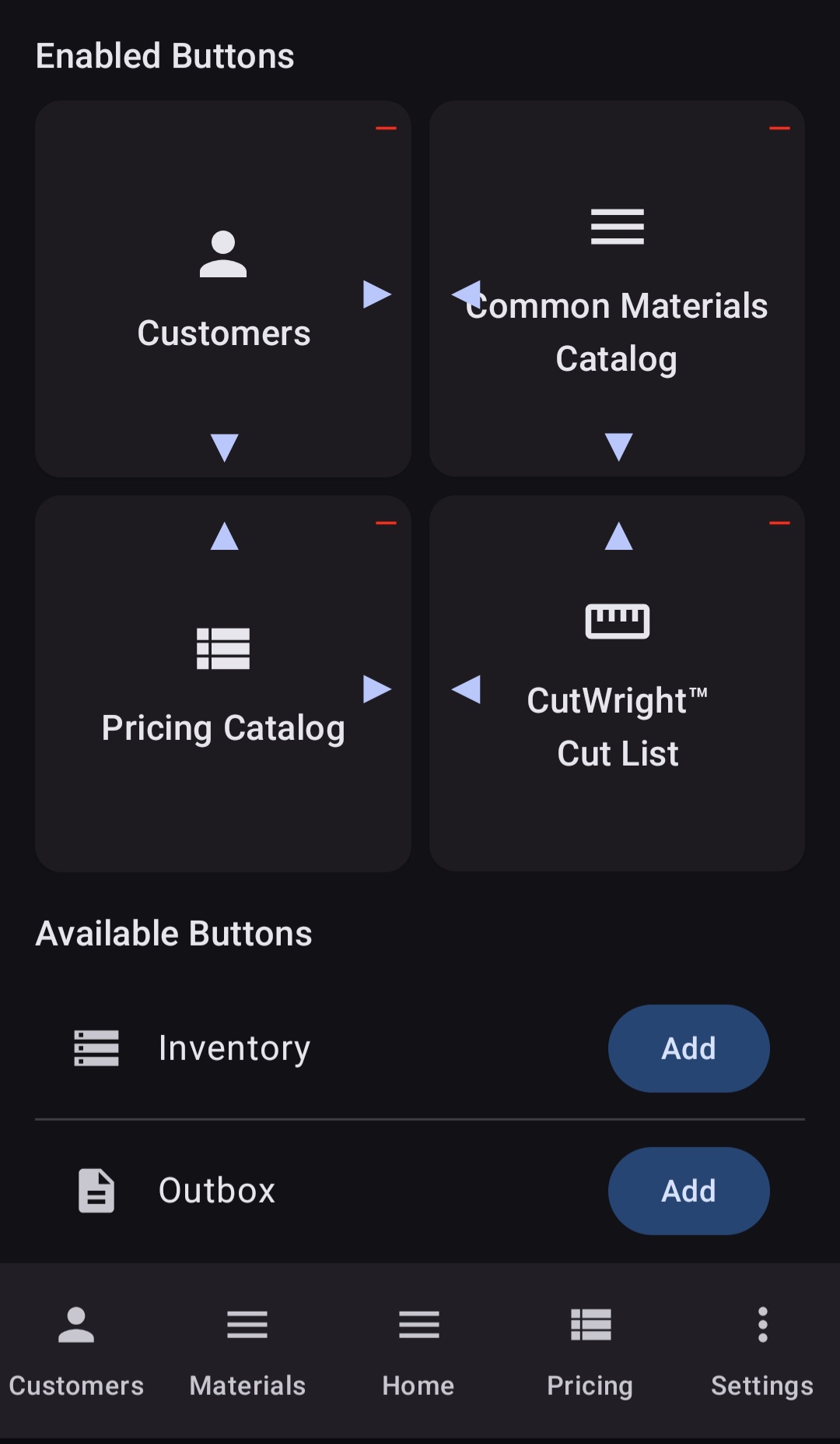 BuiltWright dashboard editor showing enabled button tiles for Customers, Common Materials Catalog, Pricing Catalog, and CutWright with reorder arrows and available buttons to add