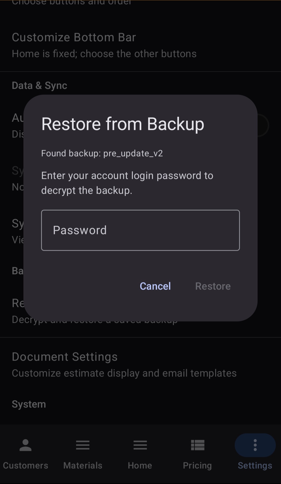 BuiltWright encrypted backup restore dialog showing password-protected pre-update backup with decrypt and restore functionality