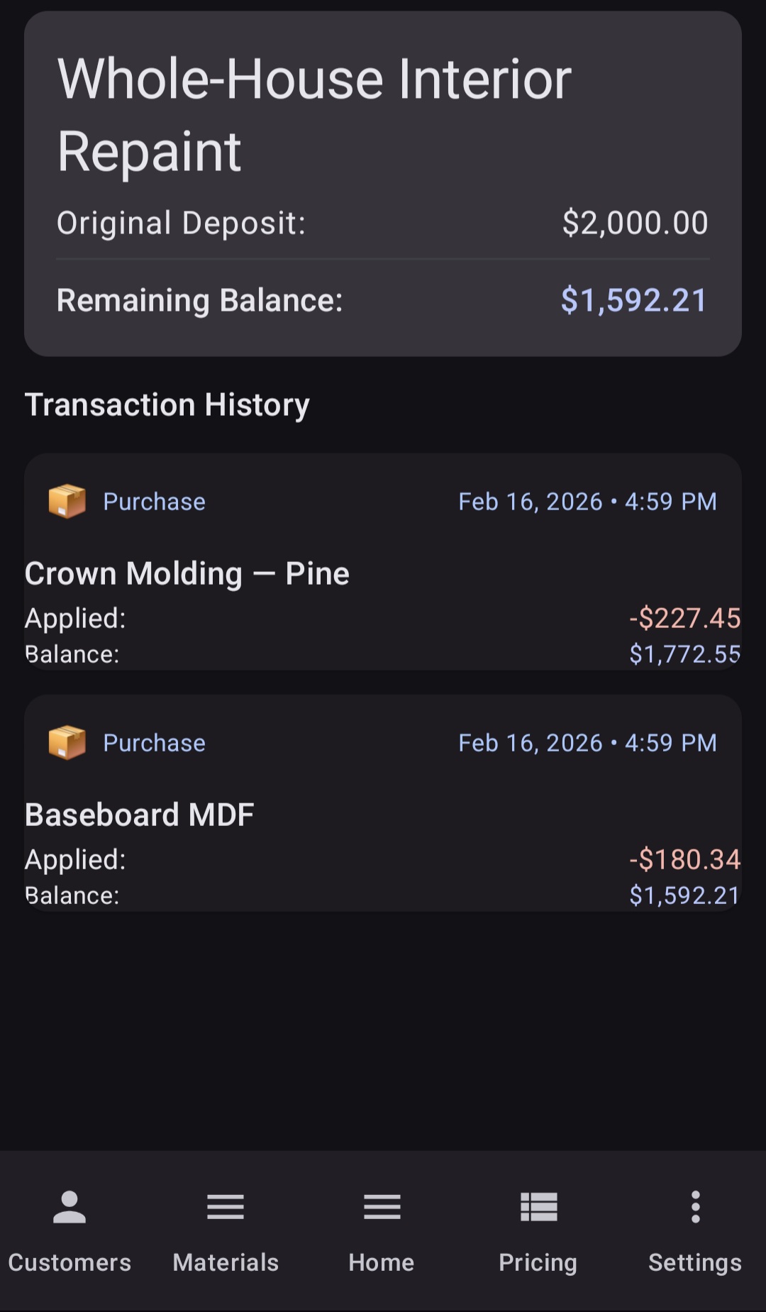 BuiltWright deposit ledger showing original deposit balance with transaction history tracking material purchases applied against it
