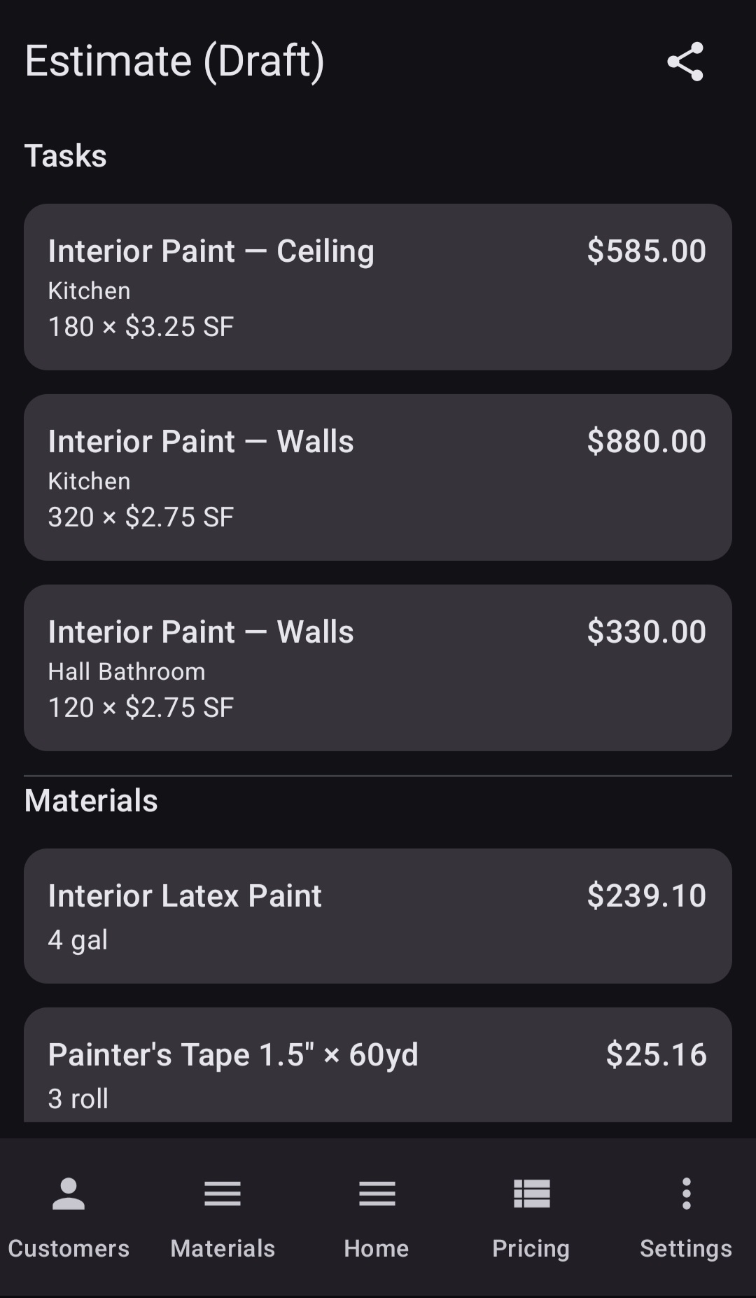 BuiltWright estimate screen showing line-item tasks with unit pricing for interior paint across multiple rooms and materials list with quantities and costs