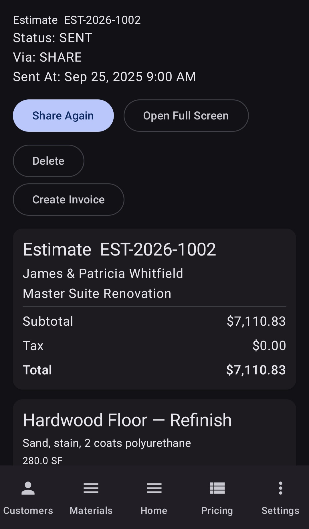 BuiltWright outbox detail for a sent estimate showing delivery status, send date, share and full screen options, and estimate summary with subtotal and line items