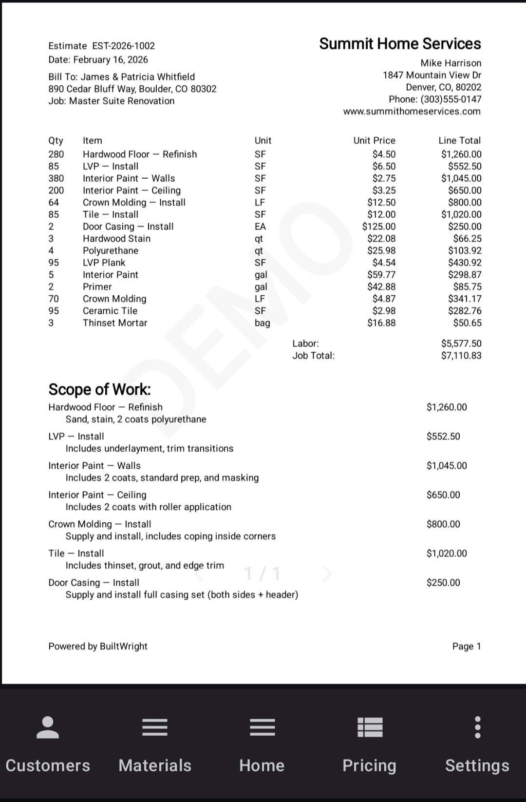 BuiltWright branded estimate PDF showing line-item materials table with unit pricing, scope of work descriptions, and business contact header for Summit Home Services