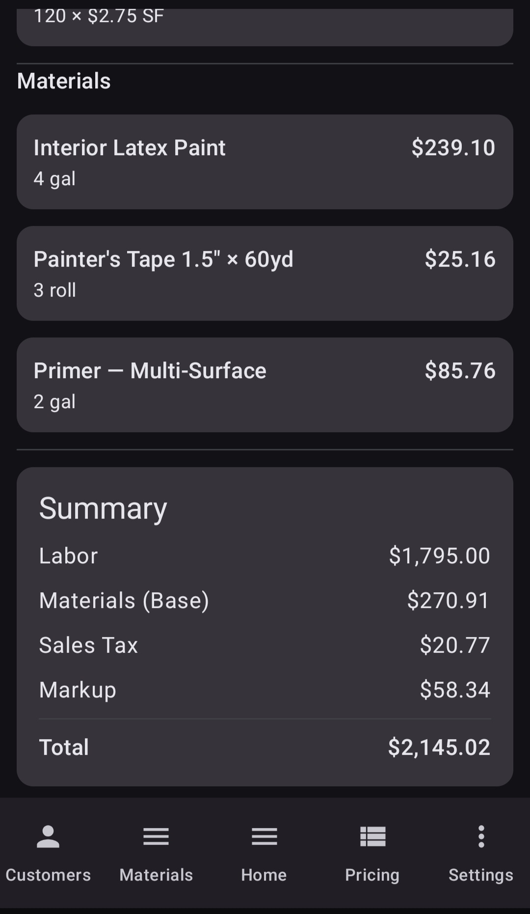 BuiltWright estimate summary showing labor, materials, sales tax, markup, and total cost locked at approval