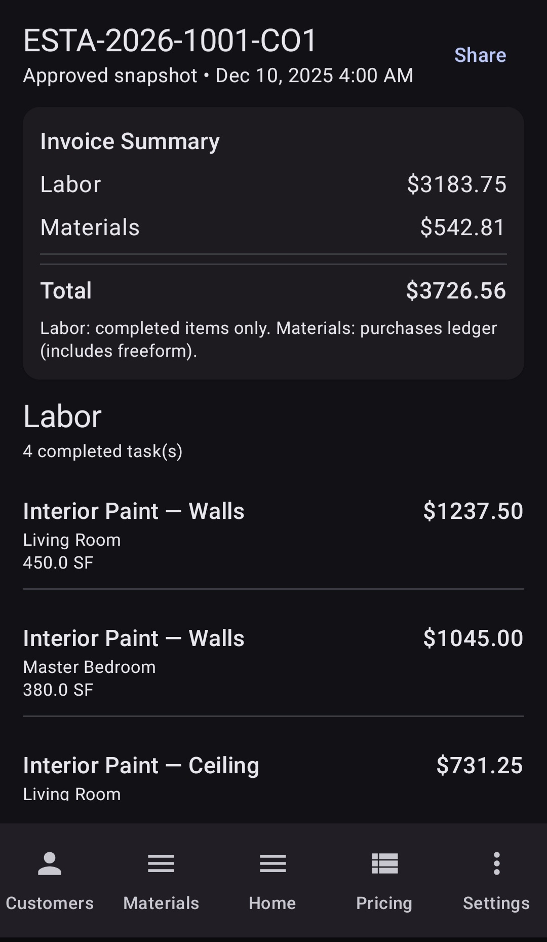 BuiltWright invoice summary showing labor and materials subtotals with completed task breakdown for interior paint across multiple rooms