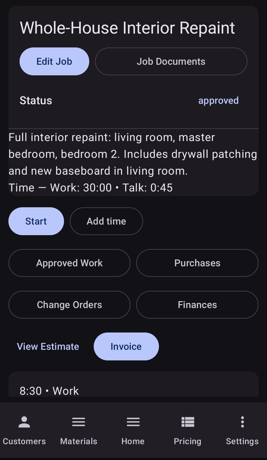 BuiltWright job detail screen for Whole-House Interior Repaint showing approved status, scope description, time tracking, and action buttons for estimates, invoicing, and change orders