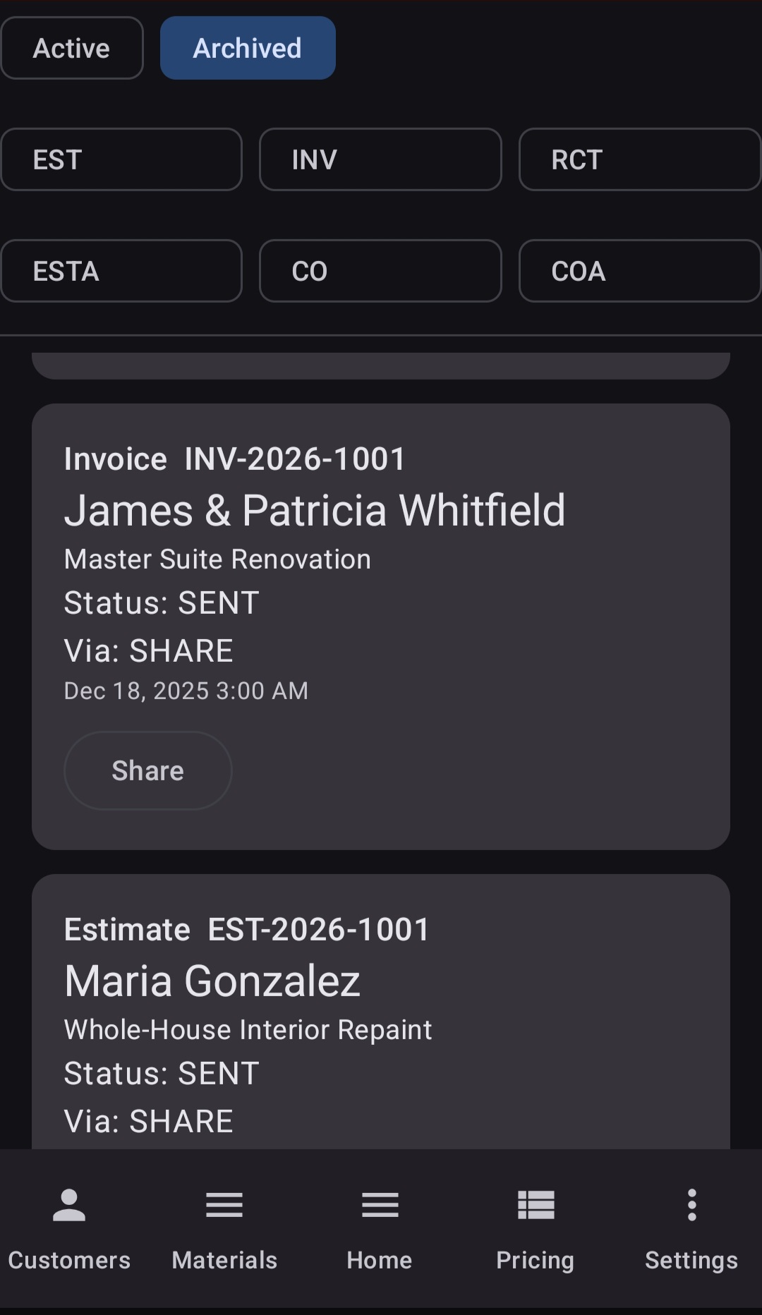 BuiltWright document outbox with type filters for estimates, invoices, receipts, and change orders showing sent documents with customer names, job titles, and delivery status