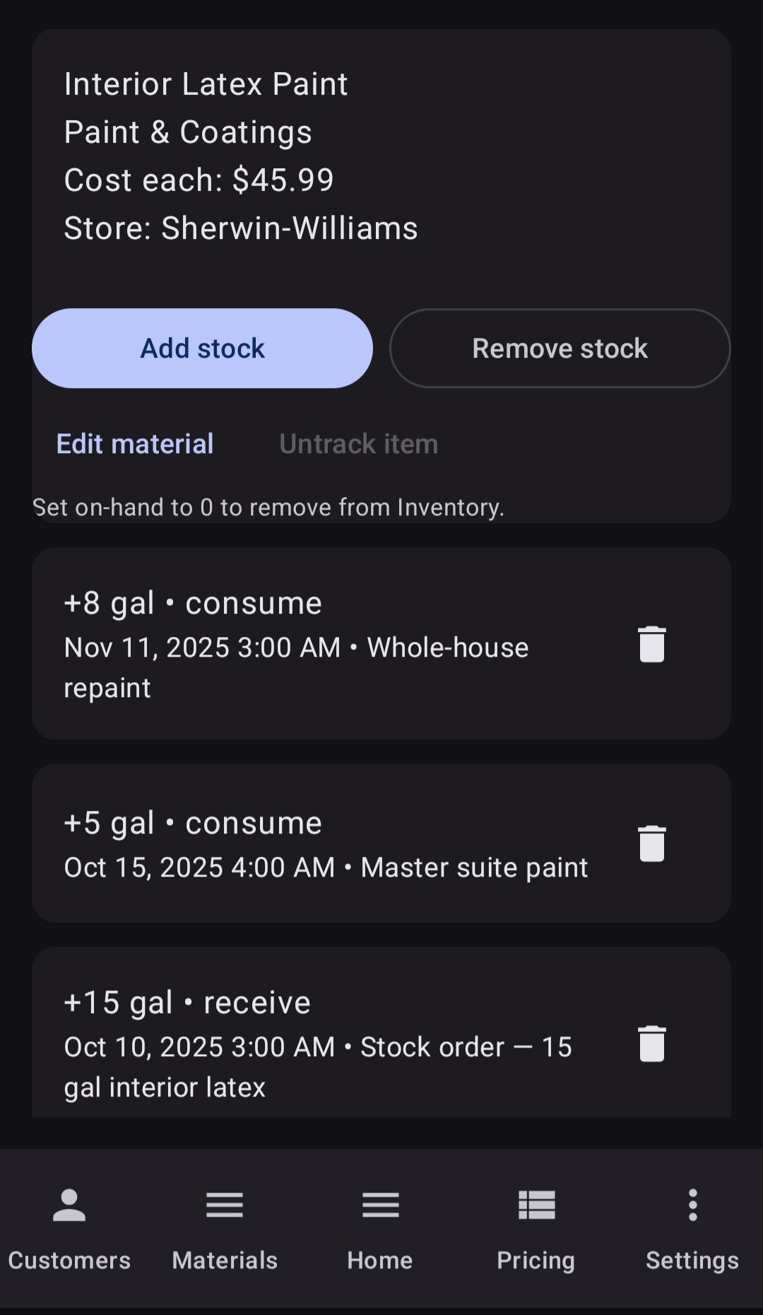 BuiltWright inventory ledger for Interior Latex Paint showing stock movements with consume and receive entries linked to specific jobs