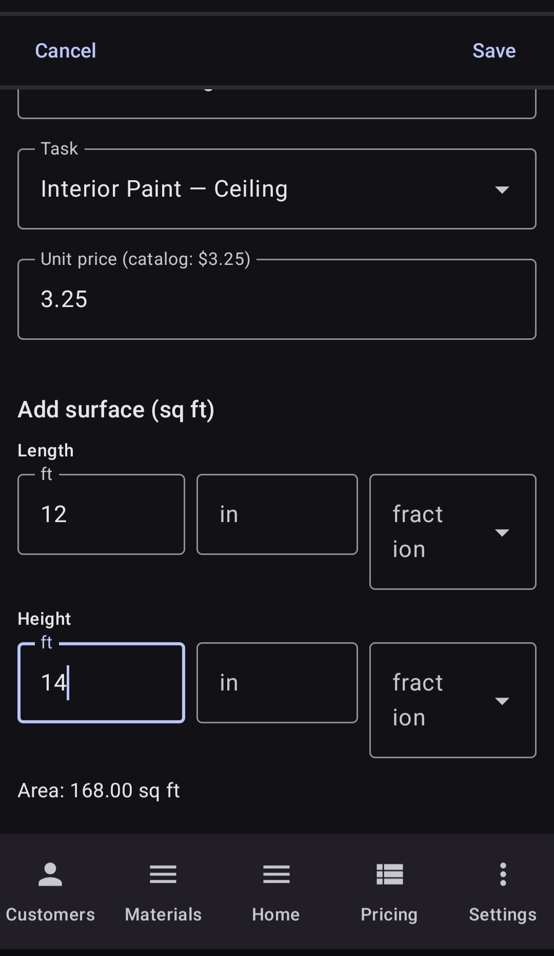 BuiltWright measurement module showing surface area calculator with length and height inputs in feet, inches, and fractions, linked to an Interior Paint task with catalog pricing