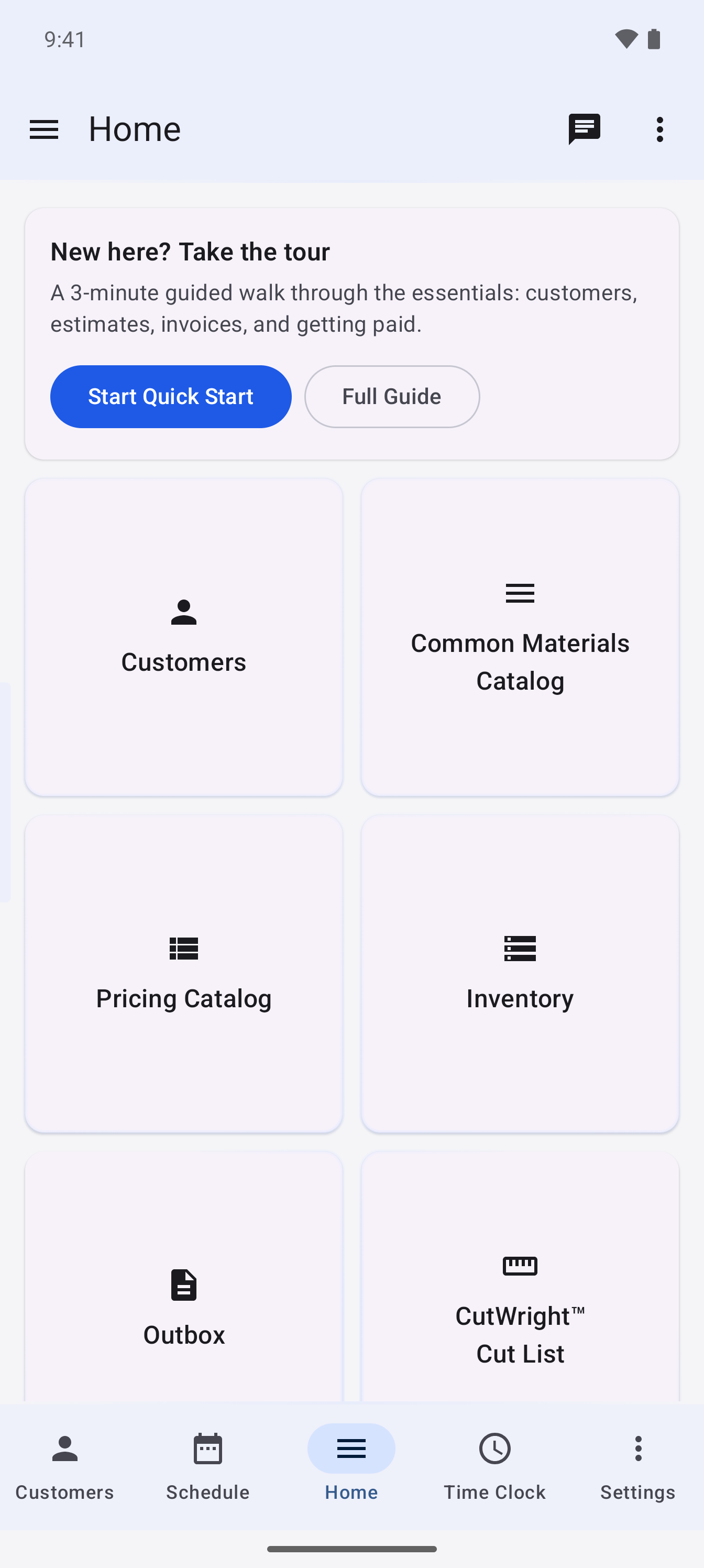 BuiltWright demo dashboard showing the New here Take the tour card with Start Quick Start and Full Guide buttons above the customisable tile grid 