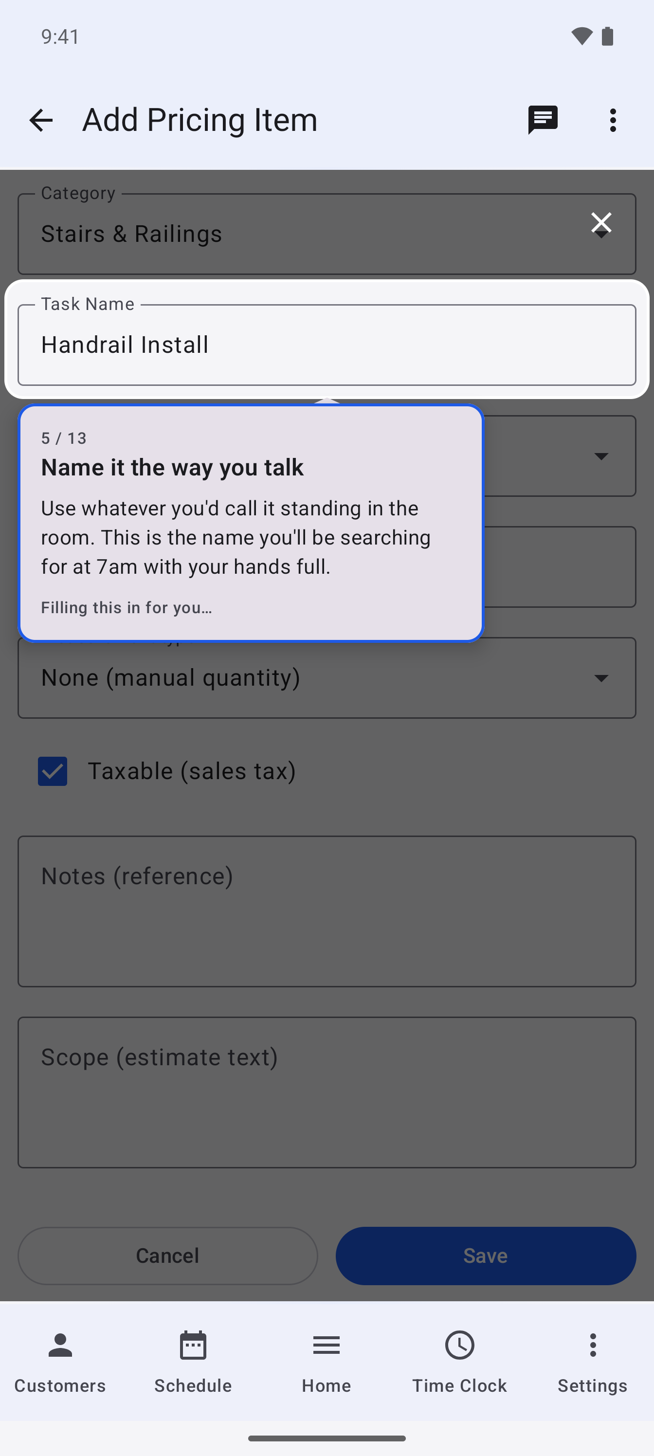  BuiltWright guided tour typing into the real form, showing the task name being entered character by character with the field spotlighted and the narration explaining what the field is for