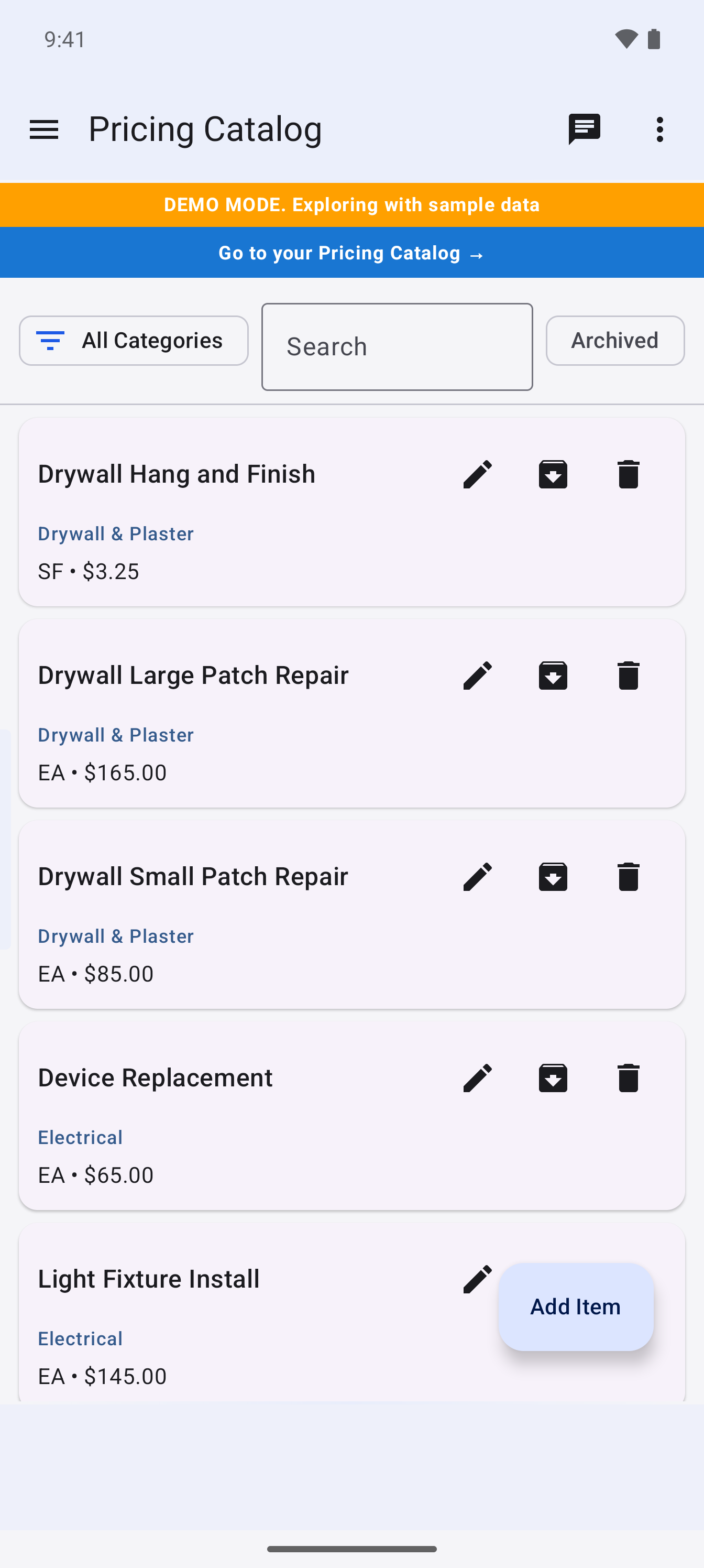 BuiltWright pricing catalog in demo mode with an amber sample data banner and a blue Go to your Pricing Catalog bar above drywall and electrical tasks with unit prices