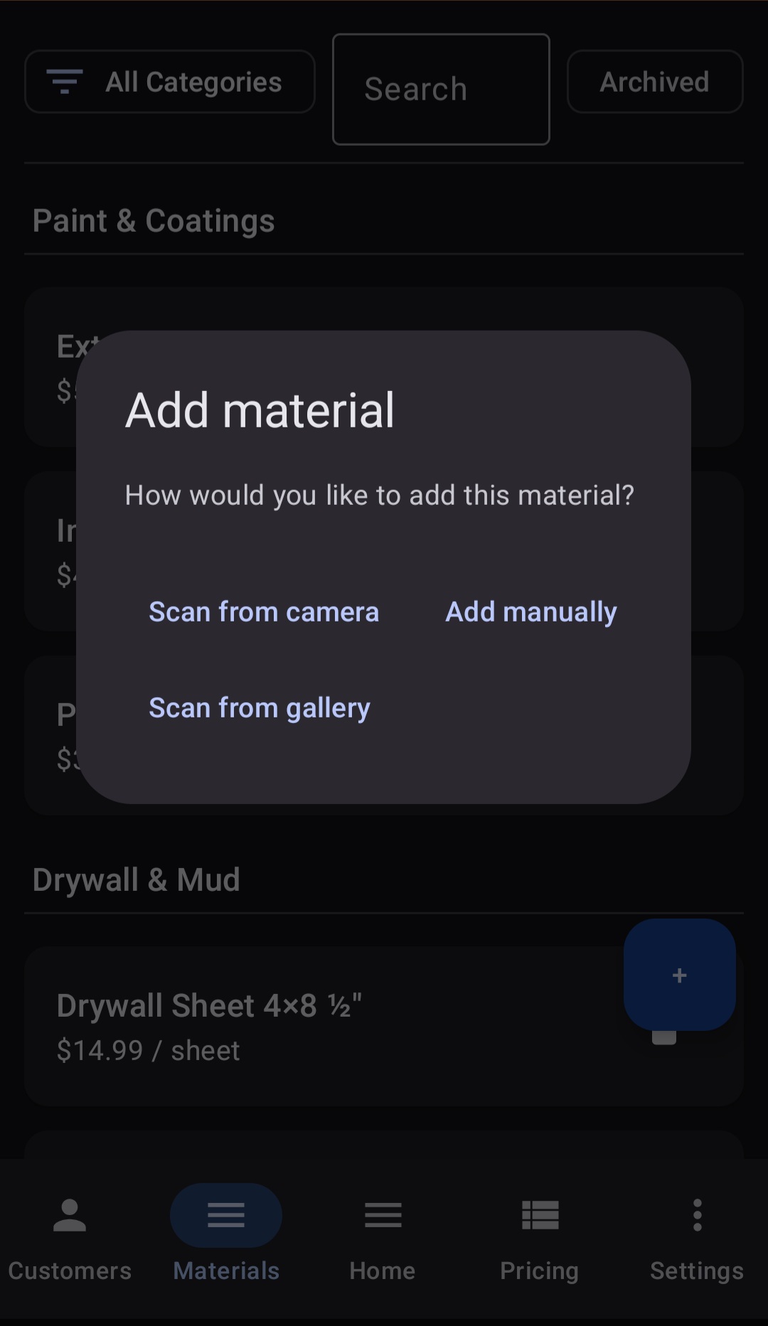 BuiltWright add material dialog showing options to scan from camera, scan from gallery, or add manually
