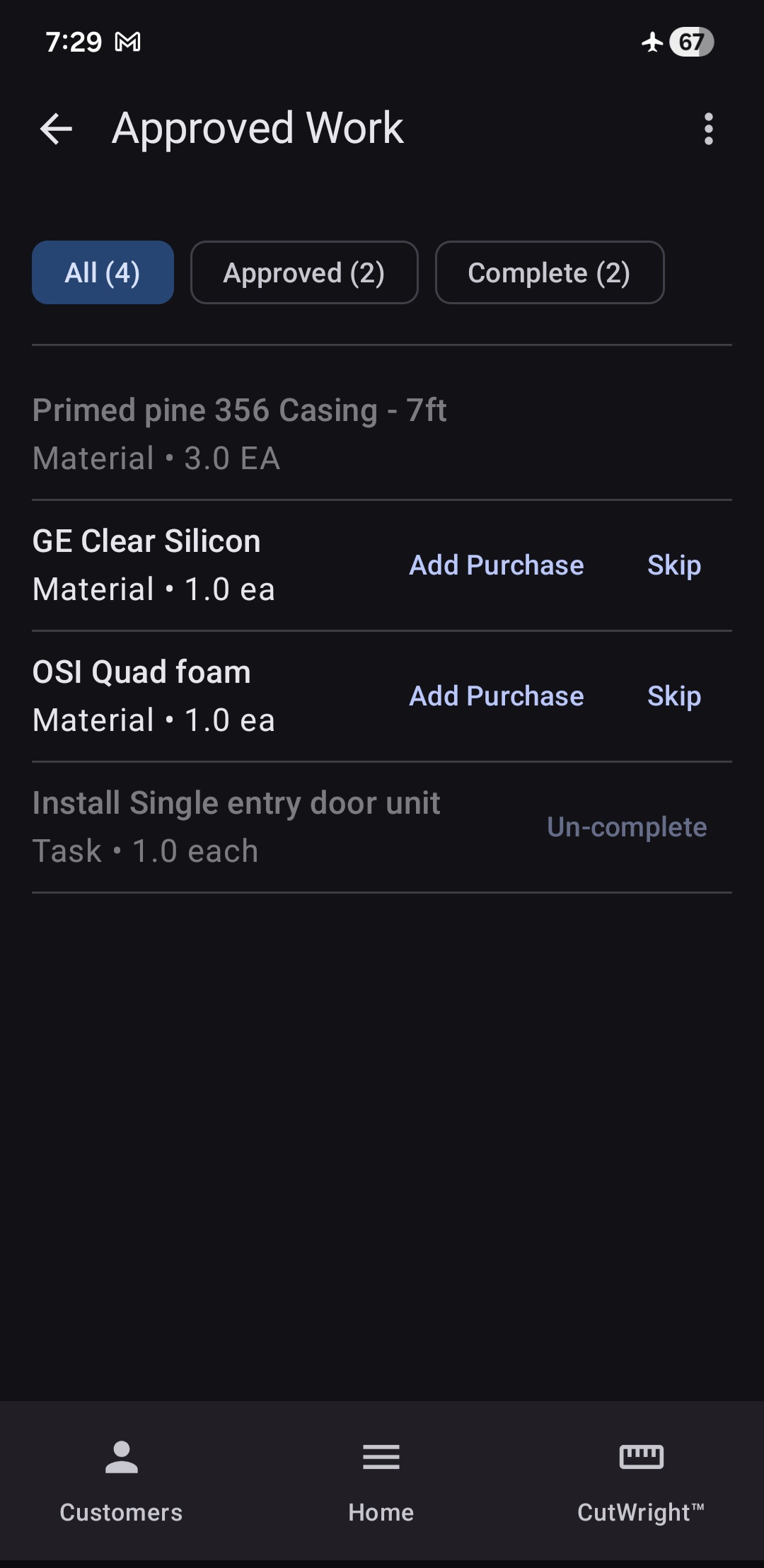 BuiltWright approved work screen running in airplane mode showing tasks and materials with completion actions fully functional without internet