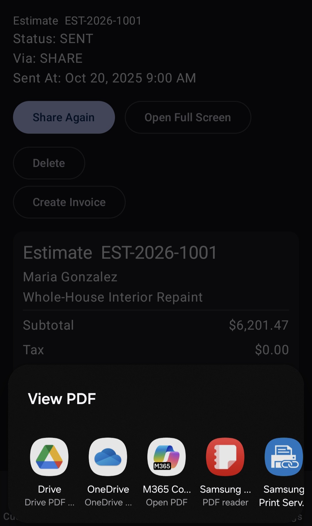 BuiltWright share sheet showing Android native PDF viewer options including Google Drive, OneDrive, and Samsung print services for sharing an estimate document