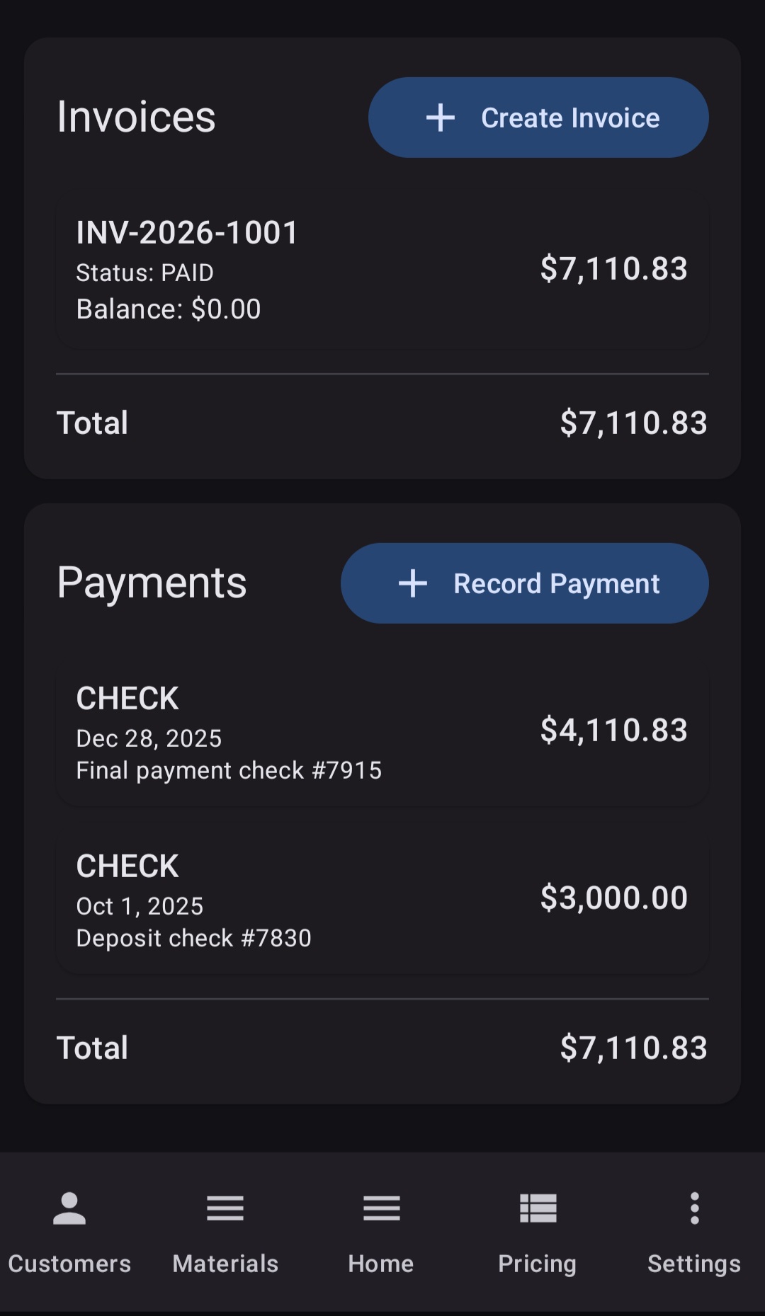 BuiltWright invoices and payments screen showing paid invoice with check payments recorded including deposit and final payment