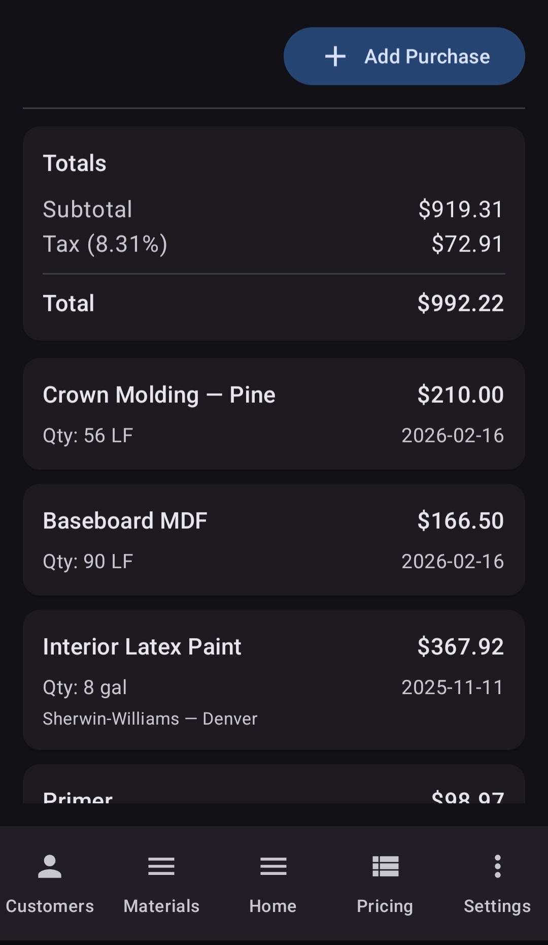 BuiltWright purchases screen showing material cost totals with tax and individual purchase entries for crown molding, baseboard, and paint with quantities and dates
