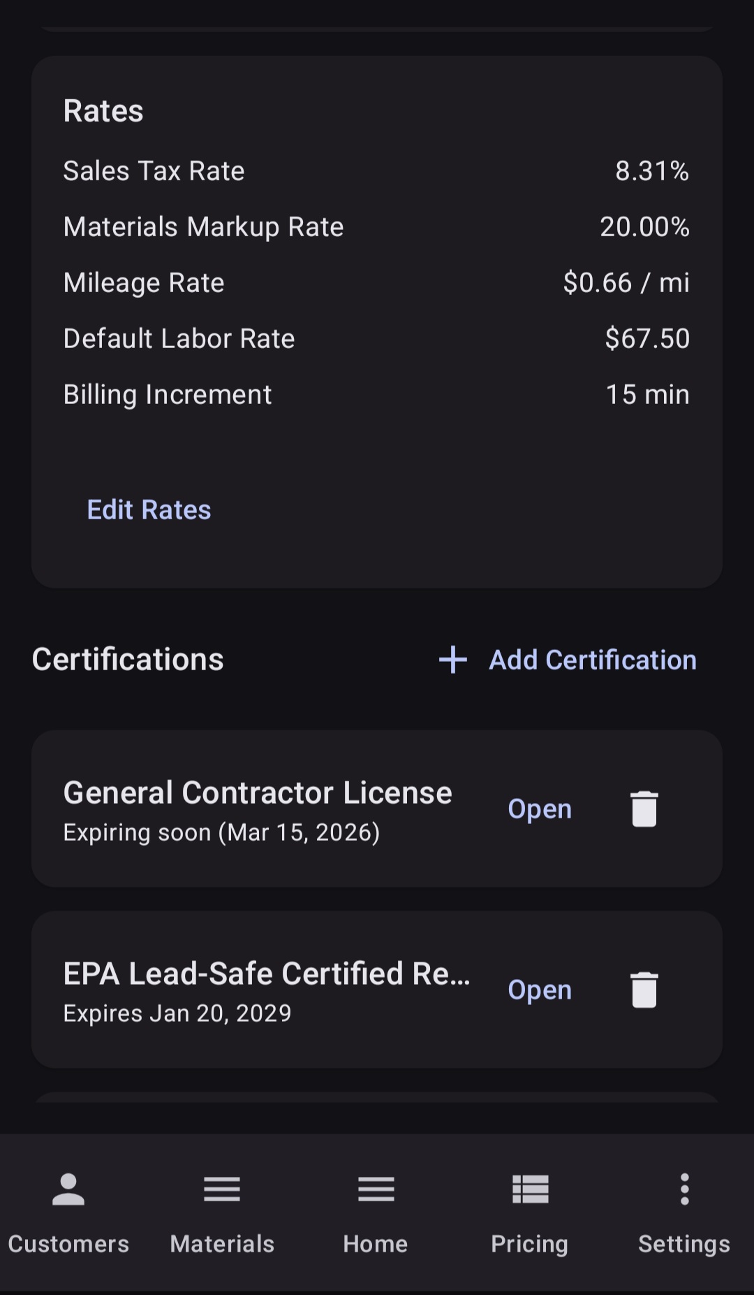 BuiltWright rates settings showing sales tax, materials markup, mileage rate, default labor rate, and billing increment with certifications list below including General Contractor License and EPA Lead-Safe certification