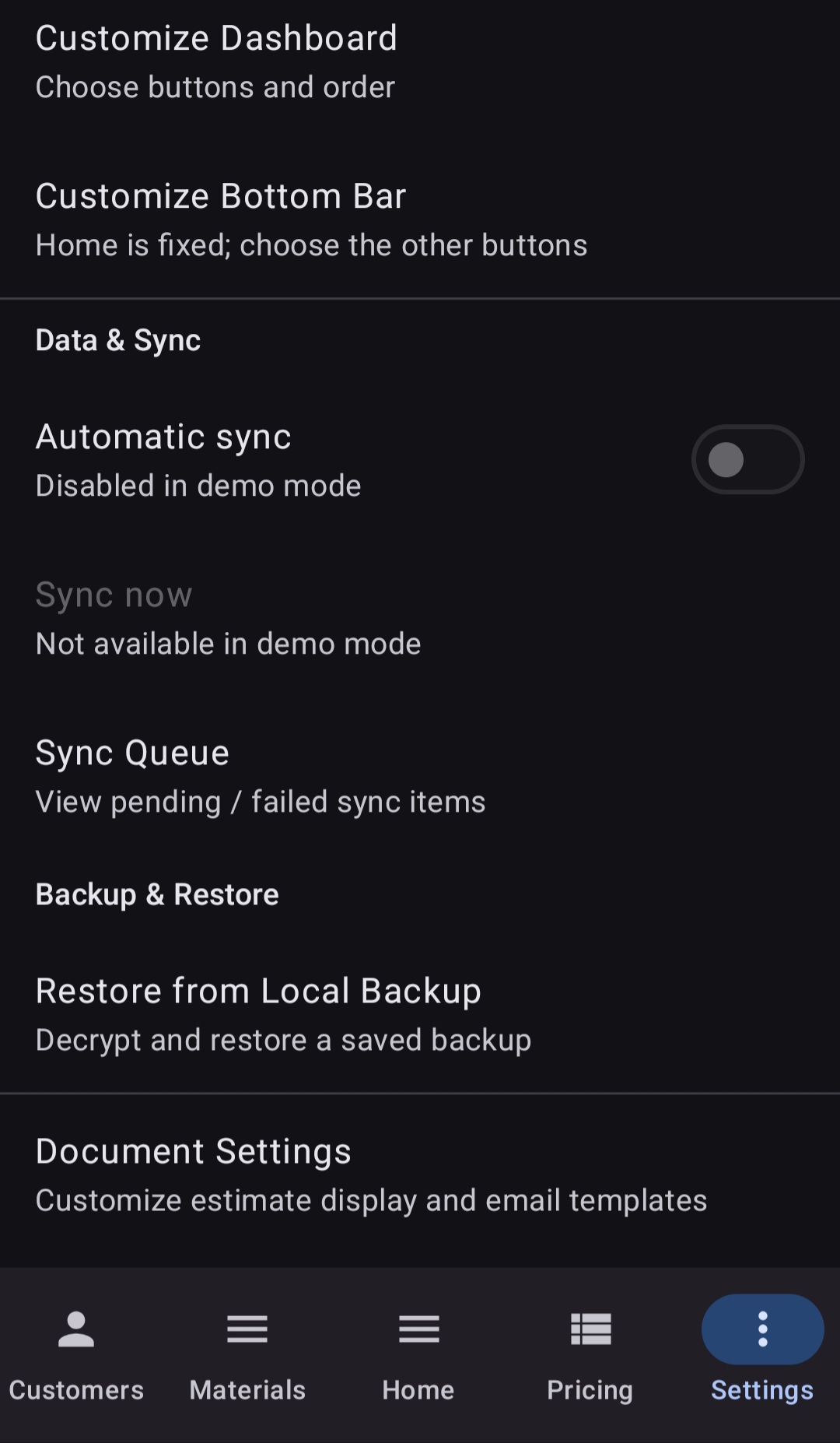 BuiltWright settings screen showing Data and Sync controls with automatic sync toggle, manual sync button, sync queue viewer, and backup and restore options