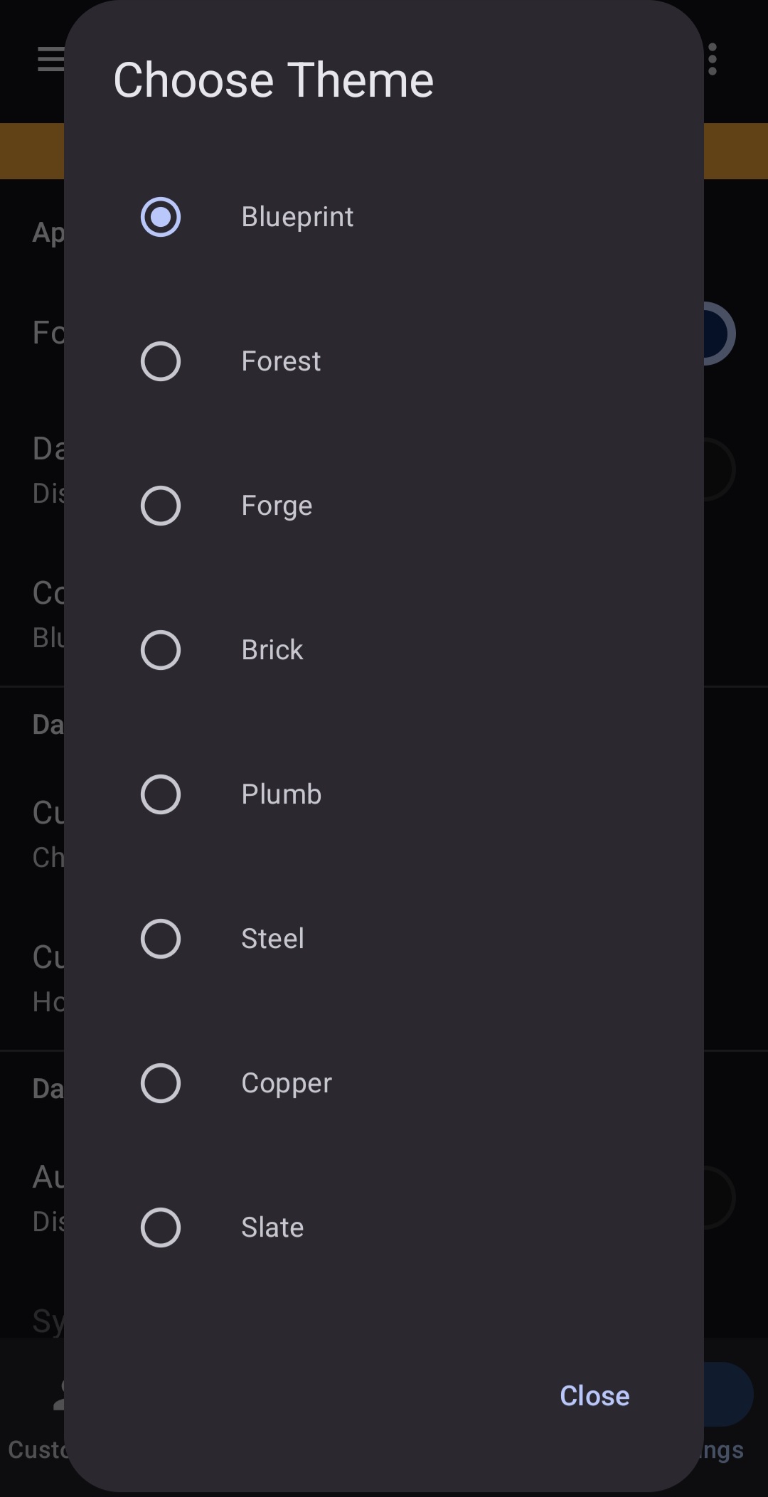 BuiltWright theme picker dialog showing eight color theme options including Blueprint, Forest, Forge, Brick, Plumb, Steel, Copper, and Slate with Blueprint currently selected