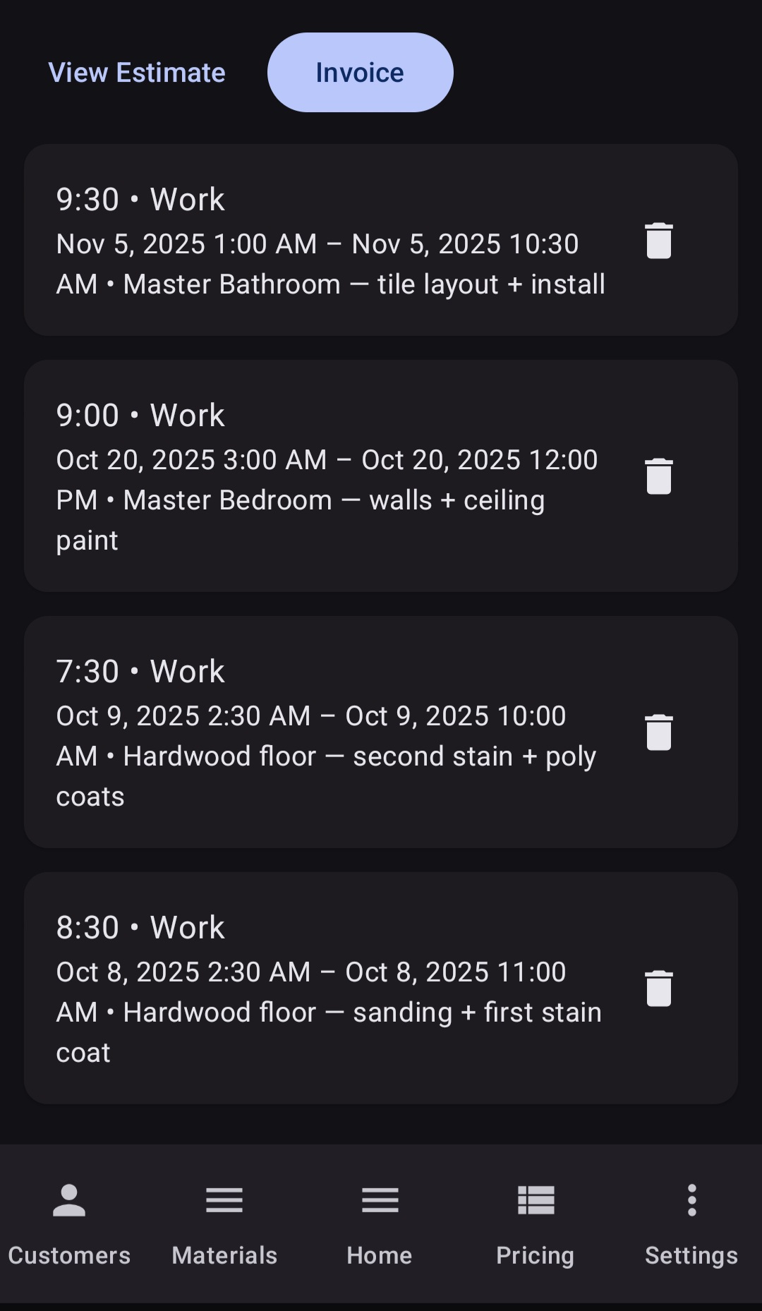 BuiltWright time tracking log showing work entries with hours, date ranges, and task descriptions for tile install, painting, and hardwood floor refinishing