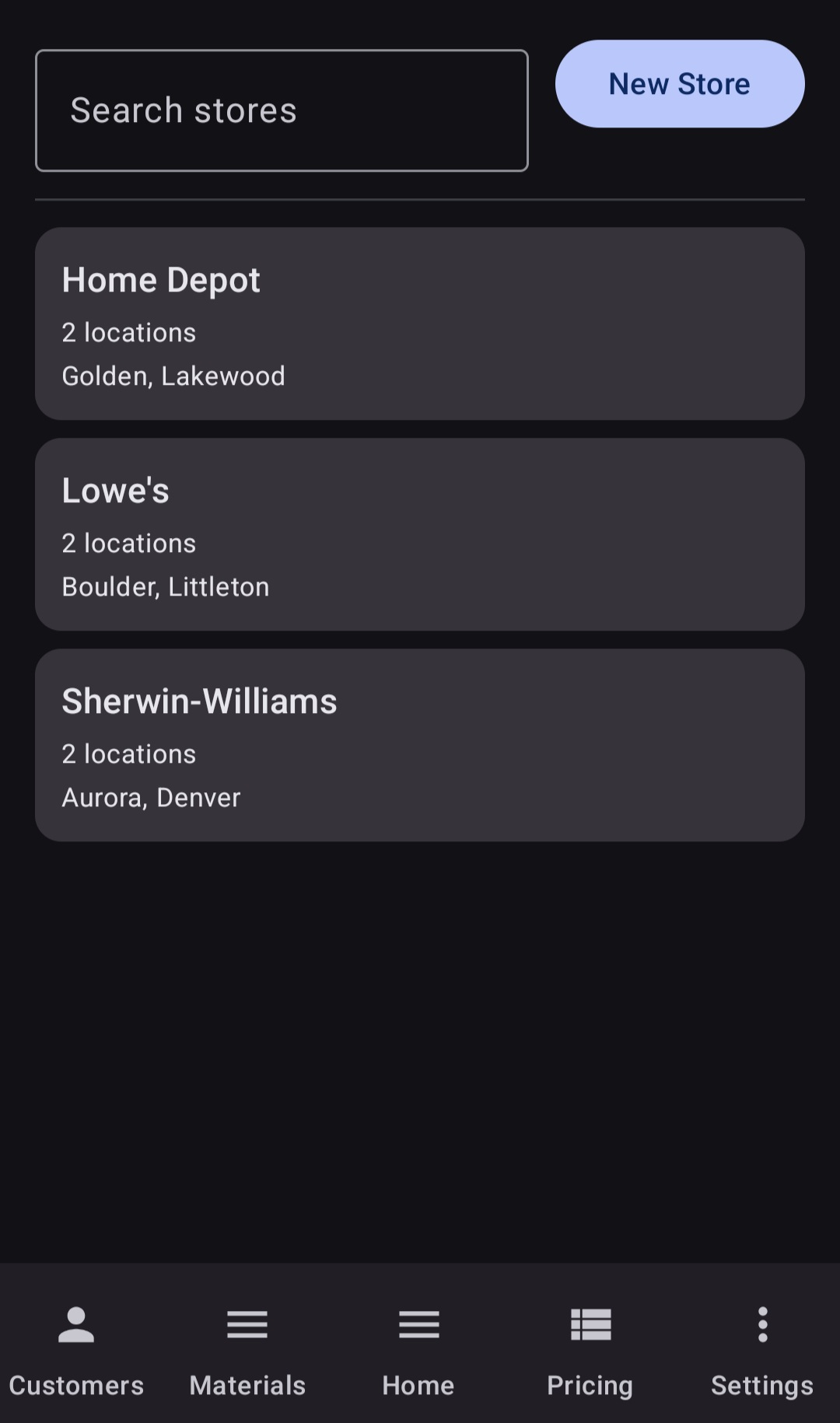 BuiltWright vendor management screen showing Home Depot, Lowes, and Sherwin-Williams with store location counts per chain